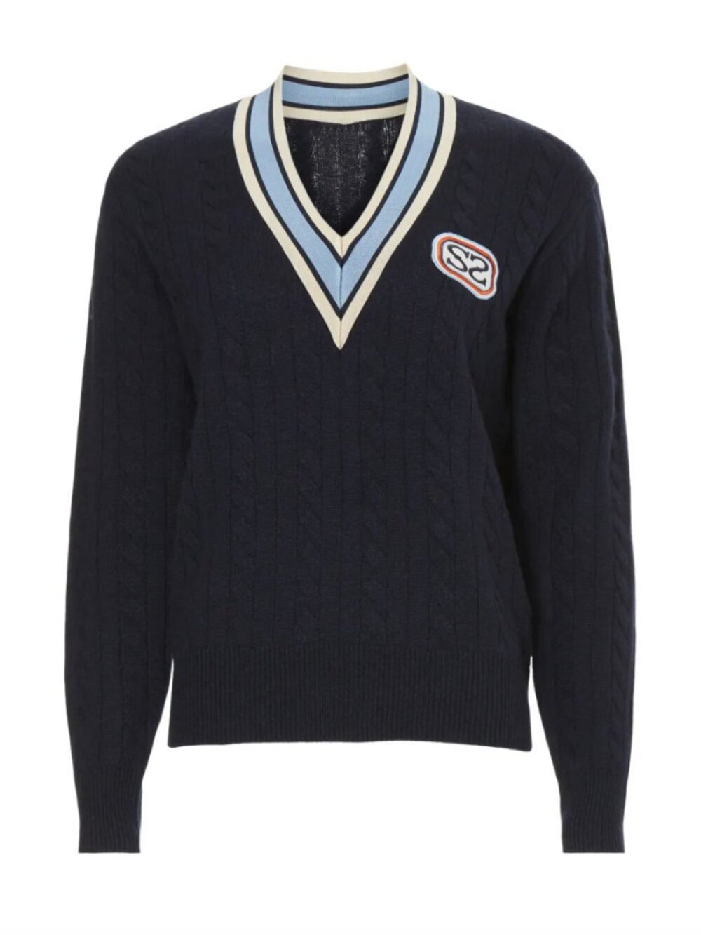 Sandro Monogram Varsity Sweater, Navy Blue Knit, Retails for $345, Size US 2-4
